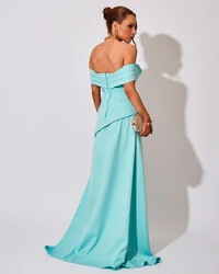 Vestido de Festa Longo Alfaiataria Ombro a Ombro Drapeado com Fenda Tiffany