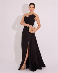 Vestido de Festa Longo Alfaiataria Tomara que Caia com Fenda Detalhe Preto