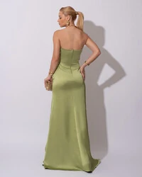 Vestido de Festa Longo Cetim Alfaiataria Tomara que Caia Fenda Verde Pistache