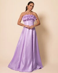 Vestido de Festa Longo Cetim Cristal Tomara que Caia com Flor 3D Lilás