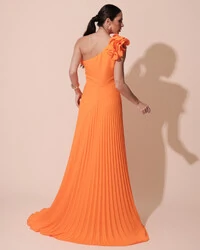 Vestido de Festa um Ombro Só Flor Saia Plissado Laranja