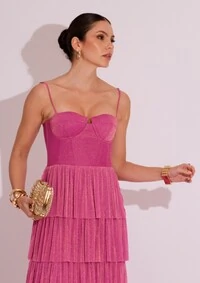 Vestido Longo de Festa Longo Tule Glitter com Camadas Pink