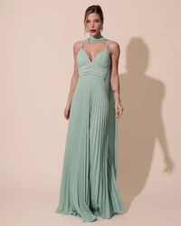 Vestido de Festa Longo Plissado Crepe Chiffon com Alça e Lenço Menta