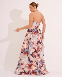 Vestido de Festa Longo em Zibeline Estampado Tomara que Caia Floral
