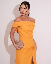 Vestido de Festa Longo Ombro a Ombro com Fenda em Alfaiataria Mango Sorbet