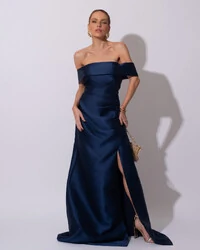 Vestido de Festa Longo Zibeline Ombro a Ombro Drapeado e Fenda Azul Marinho