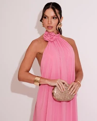 Vestido Longo Crepe Chiffon Frente Única Fluido Flor Removível Rosa
