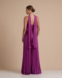 Macacão de Festa Longo Crepe Chiffon Tomara que Caia Plissado com Lenço Fúcsia