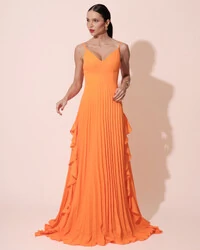 Vestido de Festa Longo Crepe Chiffon Alça Fina Saia Plissada com Babado Cascata Laranja