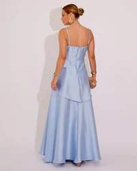Vestido de Festa Zibeline Tomara que Caia com Recortes e Camadas Azul Serenity