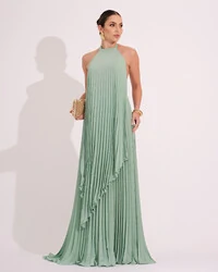 Vestidos de Festa Longo Chiffon Fluido Frente Única Plissado Duplo Verde Menta