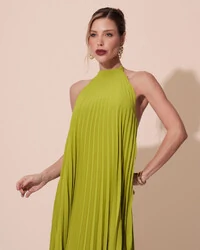 Vestidos de Festa Longo Chiffon Fluido Frente Única Plissado Duplo Verde Pistache