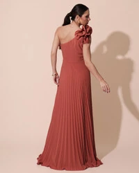 Vestido de Festa um Ombro Só Flor Saia Plissado Terracota