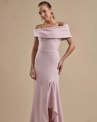 Vestido de Festa Longo Alfaiataria Ombro a Ombro com Babado Cascata Rosa Claro