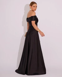 Vestido de Festa Longo Ombro a Ombro Laço Zibeline com Fenda Preto