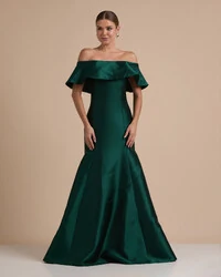 Vestido de Festa Longo Zibeline Ombro a Ombro com Babado Verde Escuro
