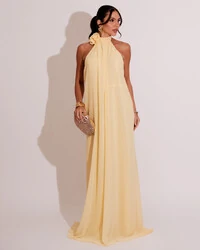 Vestido Longo Crepe Frente Única Fluido Flor Removível Amarelo Manteiga