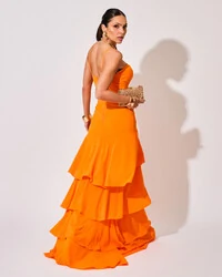 Vestido Longo Crepe com Babado em Camadas Laranja