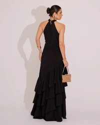 Vestido de Festa Longo Decote Halter com Babados Preto