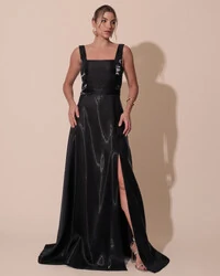 Vestido de Festa Longo Zibeline Cristal com Fenda e Faixa Preto