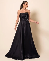 Vestido de Festa Longo Cetim Cristal Tomara que Caia Drapeado Preto