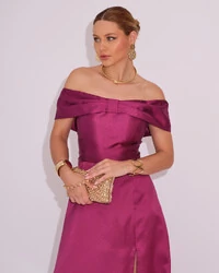 Vestido de Festa Longo Ombro a Ombro Laço Zibeline com Fenda Fúcsia