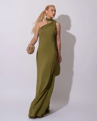 Vestido de Festa Longo Crepe Chiffon Um Ombro Só Drapeado Lenço Fixo Verde Oliva