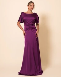 Vestido de Festa Longo Cetim Fluido Manga Curta Drapeado Roxo