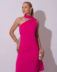 Vestido de Festa Longo Crepe Chiffon Um Ombro Só Drapeado Lenço Fixo Lenço Pink