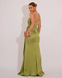 Vestido de Festa Longo Cetim Alfaiataria Tomara que Caia Faixa Verde Lima