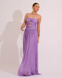 Vestido de Festa Longo Tule Brilho Tomara que Caia Recortes Lilás