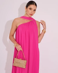 Vestido de Festa Longo Crepe Fluido um Ombro Só com Lenço Pink