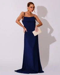 Vestido de Festa Longo Crepe Chiffon Costas Lenço Cauda Azul Marinho