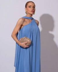 Vestido de Festa Longo Crepe Fluido um Ombro Só com Lenço Azul Atlantis