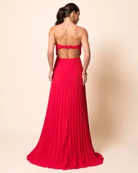 Vestido de Festa Longo Tomara que Caia Plissado Detalhe Vermelho