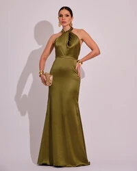 Vestido de Festa Longo em Cetim Alfaiataria com Elastano Frente Única Verde Oliva