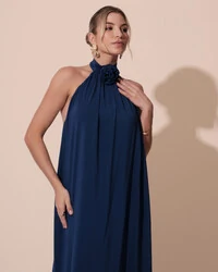 Vestido Longo Crepe Chiffon Frente Única Fluido Flor Removível Azul Marinho