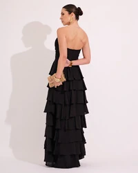 Vestido Longo Crepe Chiffon Tomara que Caia Plissado em Camadas Preto