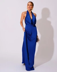 Vestido de Festa Longo Frente Única Degagê Cetim Fluido Azul Royal