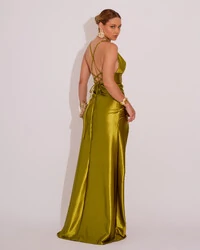 Vestido de Festa longo Cetim malha Metálico Fenda e Costas Cruzadas Verde Oliva
