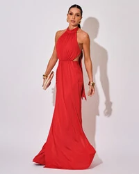 Vestido de Festa Longo Malha Jersey Gola Alta Saia Sereia Vermelho