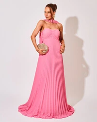 Vestido de Festa Longo Tomara que Caia Plissado com Lenço Rosa