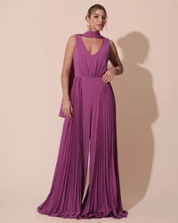 Macacão de Festa Longo Crepe Pantalona Plissado e Lenço Fúcsia