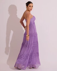 Vestido de Festa Longo Tule com Saia Babado Lilás