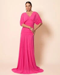 Vestido de Festa Longo Tule Manga Curta Drapeado Pink