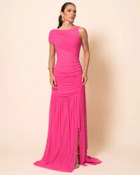Vestido de Festa Longo Tule Faixa Detalhe Drapeado Pink
