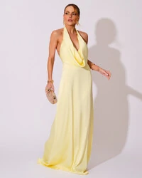 Vestido de Festa Longo Frente Única Degagê Cetim Fluido Amarelo Manteiga