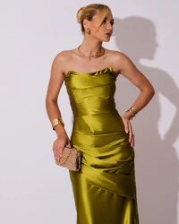 Vestido de Festa longo Cetim Malha Metálico Tomara que Caia Detalhe Drapeado Verde Oliva