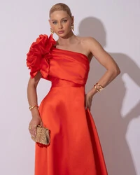 Vestido de Festa Longo Zibeline um Ombro Só Flor Drapeado Laranja