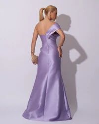 Vestido de festa Longo Zibeline Faixa Drapeada Ombro e Fenda Lilás